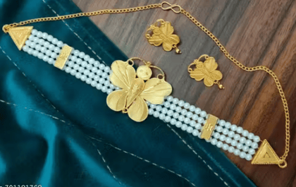 Beautiful artificial gold plated pearl choker set for women and girls for wedding and reception party function