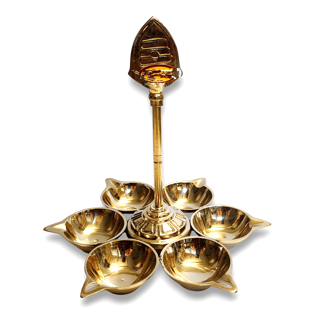 NAAYAGI - Brass Made vel lamp/ Arumugam vilakku, murugan vilakku, 6-Point Pooja Diya with Vel, Traditional Temple Lamp with Six Bowls / 6 Points, Gold Finish