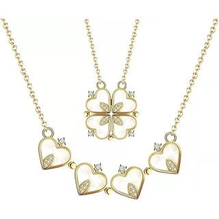 Four Leaf Clover Necklace with Love Heart Magnetic Charm Necklace Gold-plated Stainless Steel Pendant Set