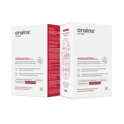 Origins Nutra Astaxanthin | Super Antioxidant, UV Protection, Heart, Skin & Eye Health, Joint Support | AstaReal® | GMP Certified| Non-GMO | For Men & Women| 28 Veg Softgel | Pack of 2