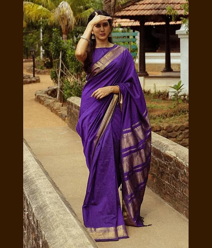fab woven Art Silk Woven Kanjeevaram Sarees With Unstitched Blouse Piece ( Purple )