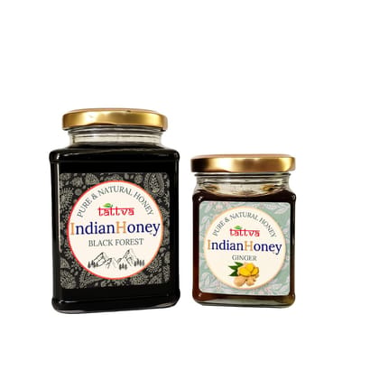 IndianHoney Black Forest (Honeydew) Honey & Warming & Anti-Inflammatory Ginger Infused Honey Combo Pack (500gm & 230gm) Black Forest & Ginger