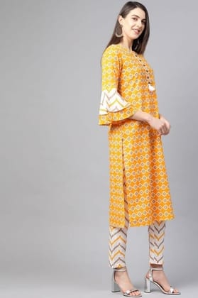 Women's Casual 3/4 th Sleeve Floral Printed Cotton Kurti Set (Mustard, S)-PID48569