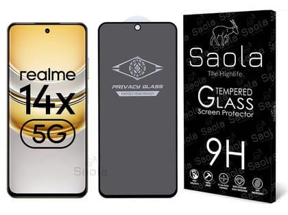 Saola® Ultra Privacy Tempered Glass For Realme 14x 5G (PACK OF 1) with Free Installation Kit. Full screen Coverage. Free Replacement If Received Damaged - 6.67 inch Saola® Ultra Privacy Tempered Glass For Realme 14x 5G (PACK OF 1) with Free Installation 