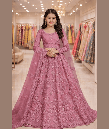 Keyura Net Lehenga Choli Set For Girls ( Pack of 1 , Peach )