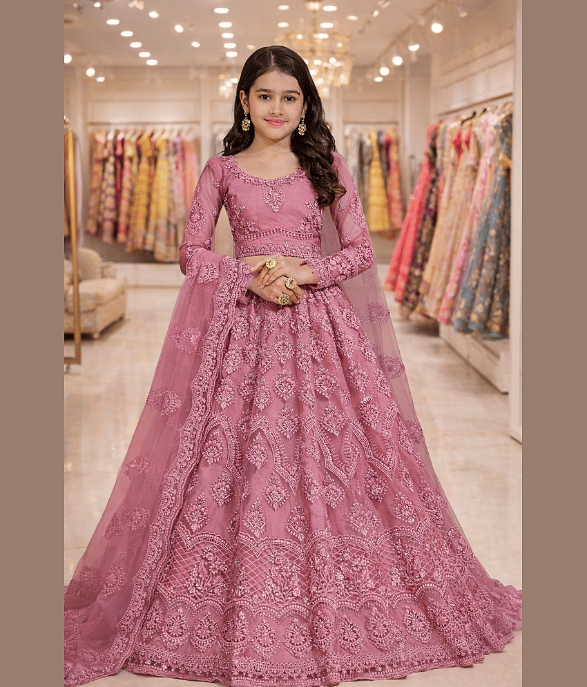 Keyura Net Lehenga Choli Set For Girls ( Pack of 1 , Peach )