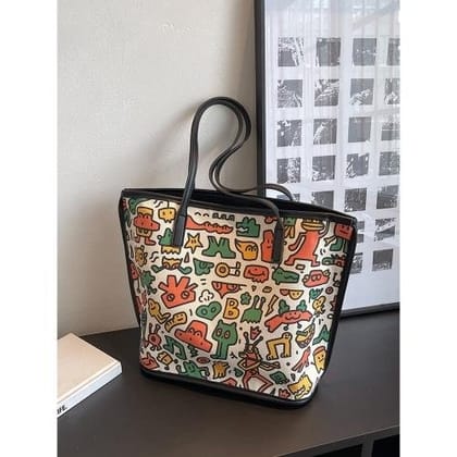 High Quality Stylish Custom Reusable Oversize Canvas Women'S Shopping Bag Contrast Color Tote Printed Pattern Bags 
