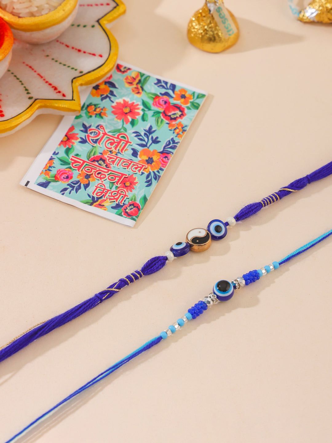 NVR Men Set of 2 Blue Evil Eye Artificial Beads Thread Rakhi with Roli Chawal Chandan & Mishri-One Size / Blue