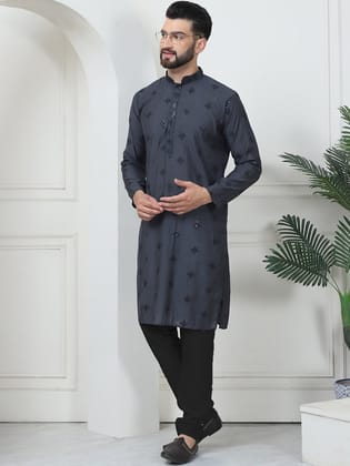 Men's Cotton Silk Sequinned Neck Embroidered Dark Grey Kurta With Black Pyjama-44