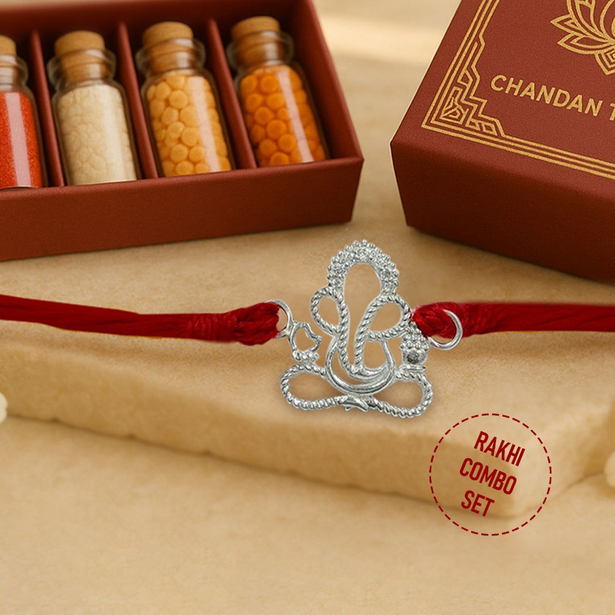 Pure 92.5 Lord Ganesha Line Image Silver Rakhi with Chandan Tilak Set