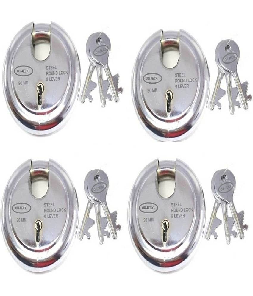 OJASS Steel Primium Range Lock 9 Levers 90 mm Heavy Duty Padlock, Sutter Lock, Round Lock Long Life Durable with 3 Keys for Main Gate, Office Door, Shop Shutter, Pack of 4 pcs (RPL904L)