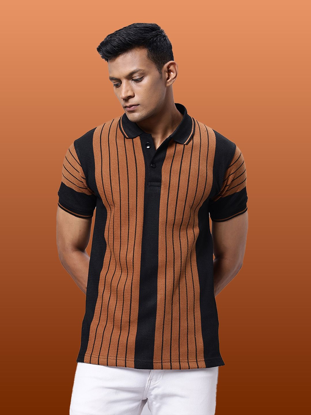 Mens Coffee Striped Polo Collar  T-shirt-M