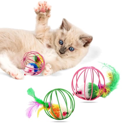 2 Caged Mouse Balls for Kittens & Cats