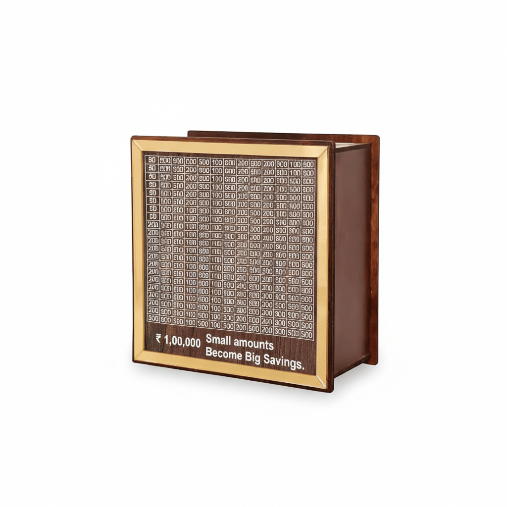 Wooden Money Saving Box with ₹1,00,000 Target Tracker