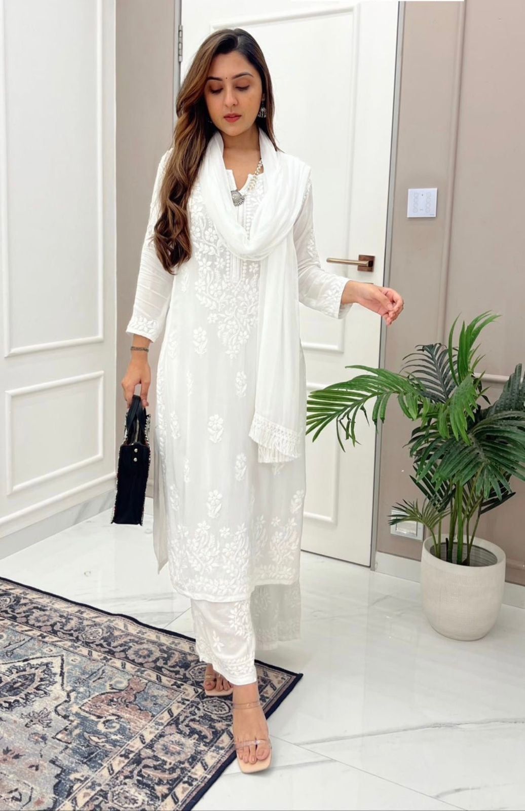 Muslin White Thread Embroidery work  Kurta Palazo Dupatta Set (Stitched)-M(38)