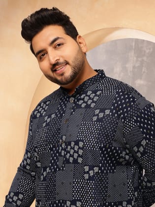 Men's Cotton Blend Sanganeri Printed Navy Blue Long Kurta-46