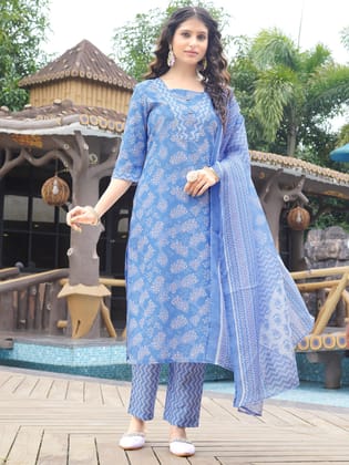 Sky Blue  Viscose Rayon Round Neck Kurta Set-S