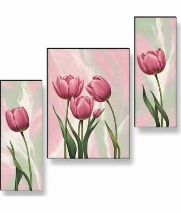 SAF Soft Pink Tulip Wall Art – 3 Panel Modern Botanical Flower Painting in Pastel Green Background for Bedroom & Nature-Loving Décor 12 Inch x 20 Inch