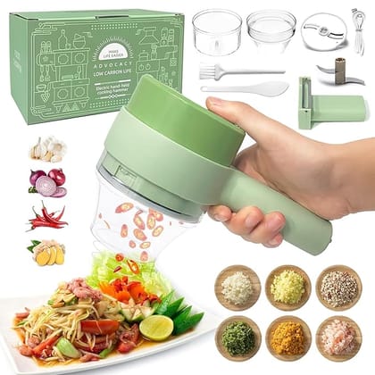 4 in 1 Handheld Electric Vegetable Cutter Set, Portable Mini Wireless Food Processor with Brush, Gatling Vegetable Cutter Electric Garlic Chopper for Garlic , Pepper , Chili , Onion , Celery , Ginger Etc (Random Colour)