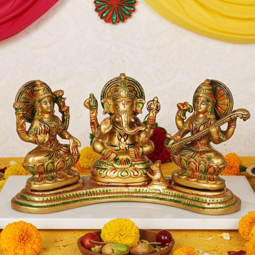 Laxmi?Ganesh?Saraswati Combined Idol - Decorative Spiritual Set, Height : 4.2 Inch (BSMAS1247 B)