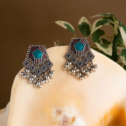 Silver Plated Pentagon Shaped Tri Colored Enamel Artwork With Beads Fashion Antique Earring- AER 1646