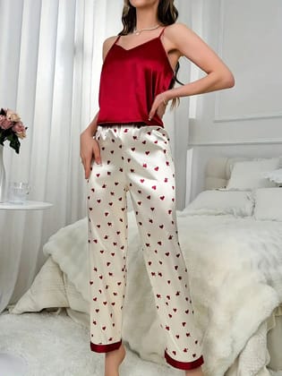 Women's Floral Print Satin Elegant Pajama Set-S / Heart