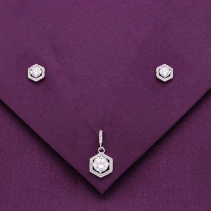 Sterling Classic Solitaire Pendant With Earrings Set-White Stone / Silver