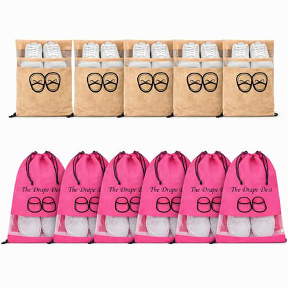 The Drape Desi Transparent Shoe Bag for Travel & Storage | Shoe Cover Pouch for Men & Women | 5 Rose Pink & 5 Brown Bag Pack of 10 pcs