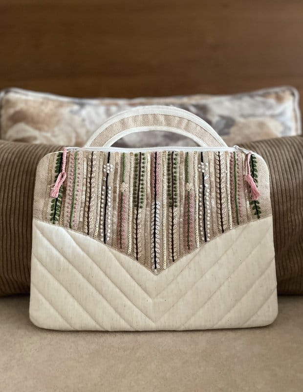 KRI India Raw Bloom Hand-Embroidered Quilted Laptop Cover|10.2 inches | Jute Beige & Ivory with multicoloured pastel embroidery  | Wash & Care | 100% Cotton | Handcrafted in India. 100% organic & natural.