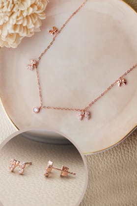 Cutie Bow Rose Gold Plated Sterling Silver Necklace Set-Rose