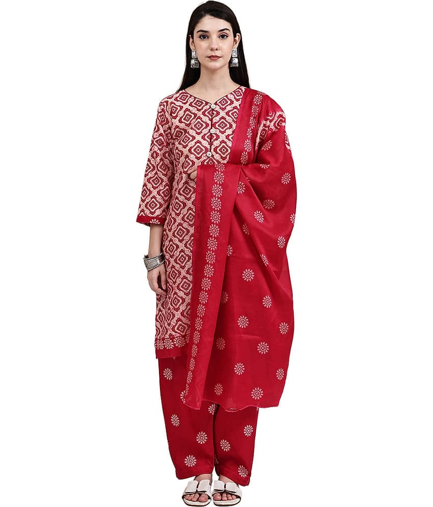 Rajnandini Women Cotton Blend Printed Straight Kurti With Patiala Salwar ( Beige )