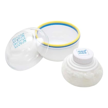 Mee Mee Soft Feel Powder Puff with Box Holder | Material: BPA-Free Plastic & Soft Cotton Puff | Key Ingredients (for powder use): Talc Compatibility Safe | Portable Baby Grooming Case (Blue)