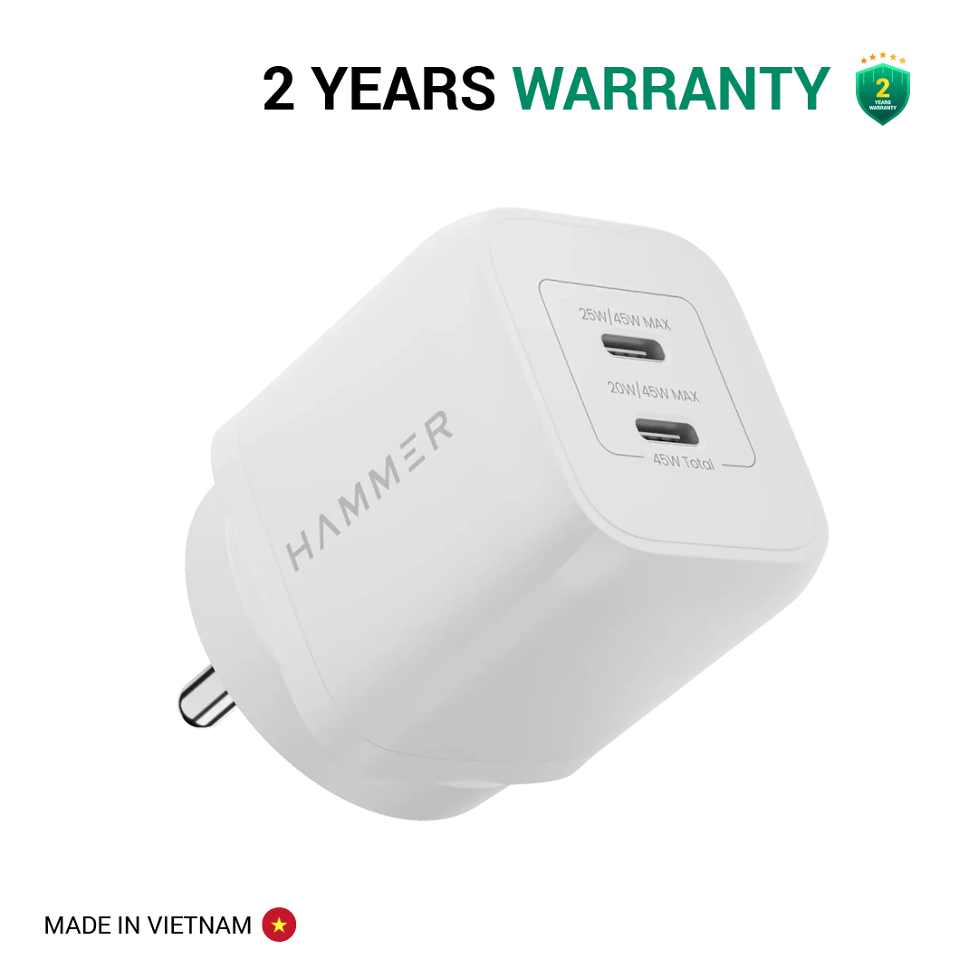 Hammer Gan Charger 45W Dual USB-C (Type C) Fast Charger Hammer Gan Charger 45W Dual USB-C (Type C) Fast Charger - White