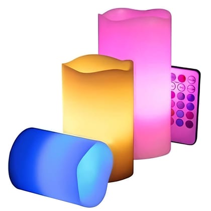 WUGO:: Decorative Flameless LED Pillar luma Candle Lamp Romantic Night Color Changing Candle with Remote (Set of 3)