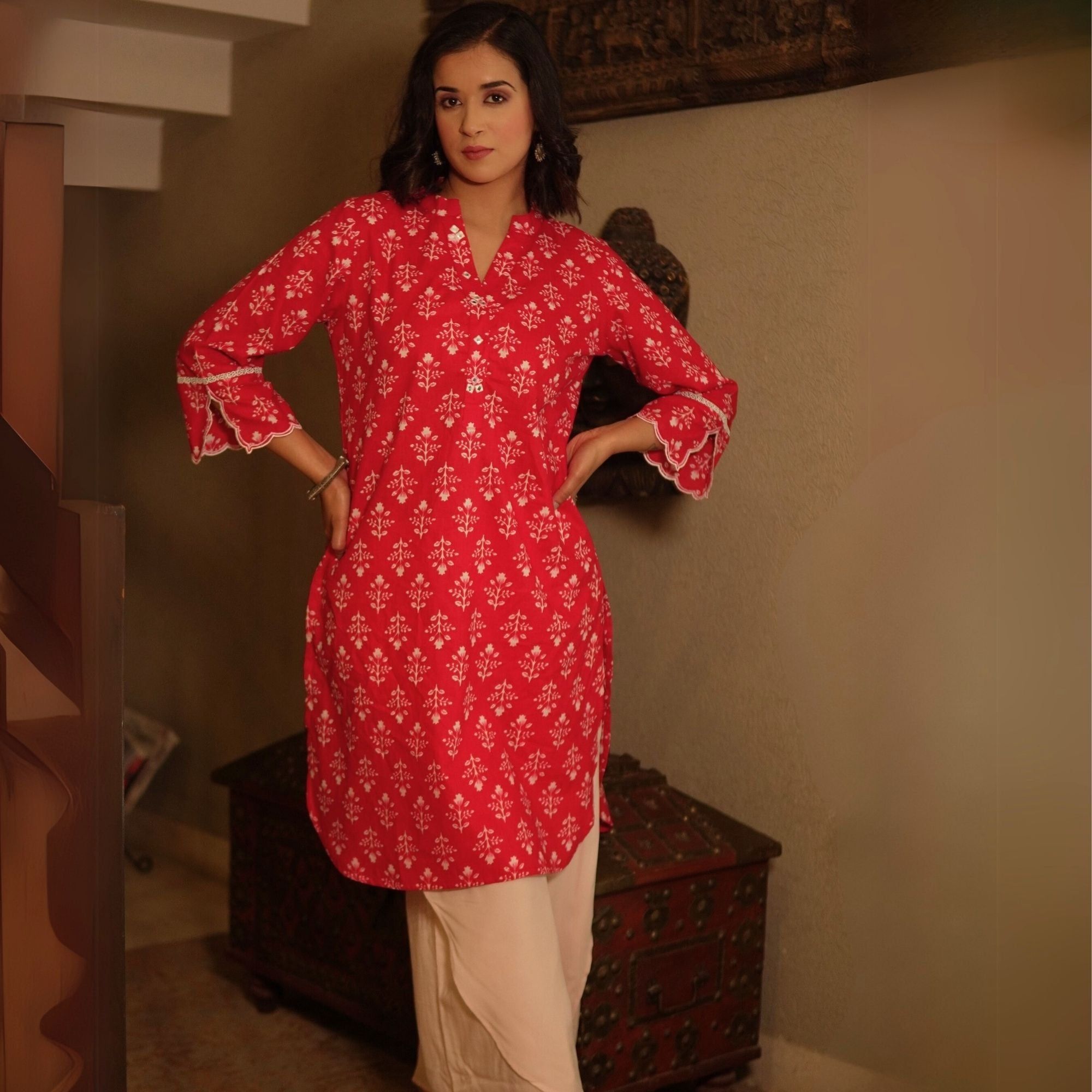 Red Floral Cotton Kurta-XS