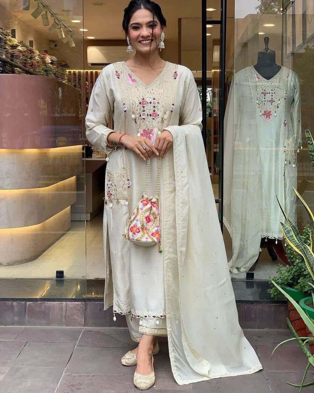 Pure Roman Silk Sequence Embroidery with Kodi Work Summer Special Kurti Pant Dupatta Set-M(38)