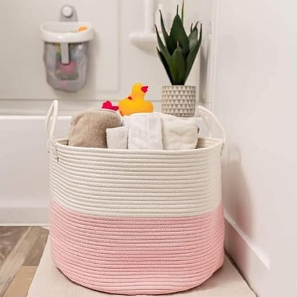 Generic Cotton Pack Of_1 14x12 Inch Laundry Storage Basket For Clothes (Pink-White)-PID66457 Generic Cotton Pack Of_1 14x12 Inch Laundry Storage Basket For Clothes (Pink-White)-PID66457