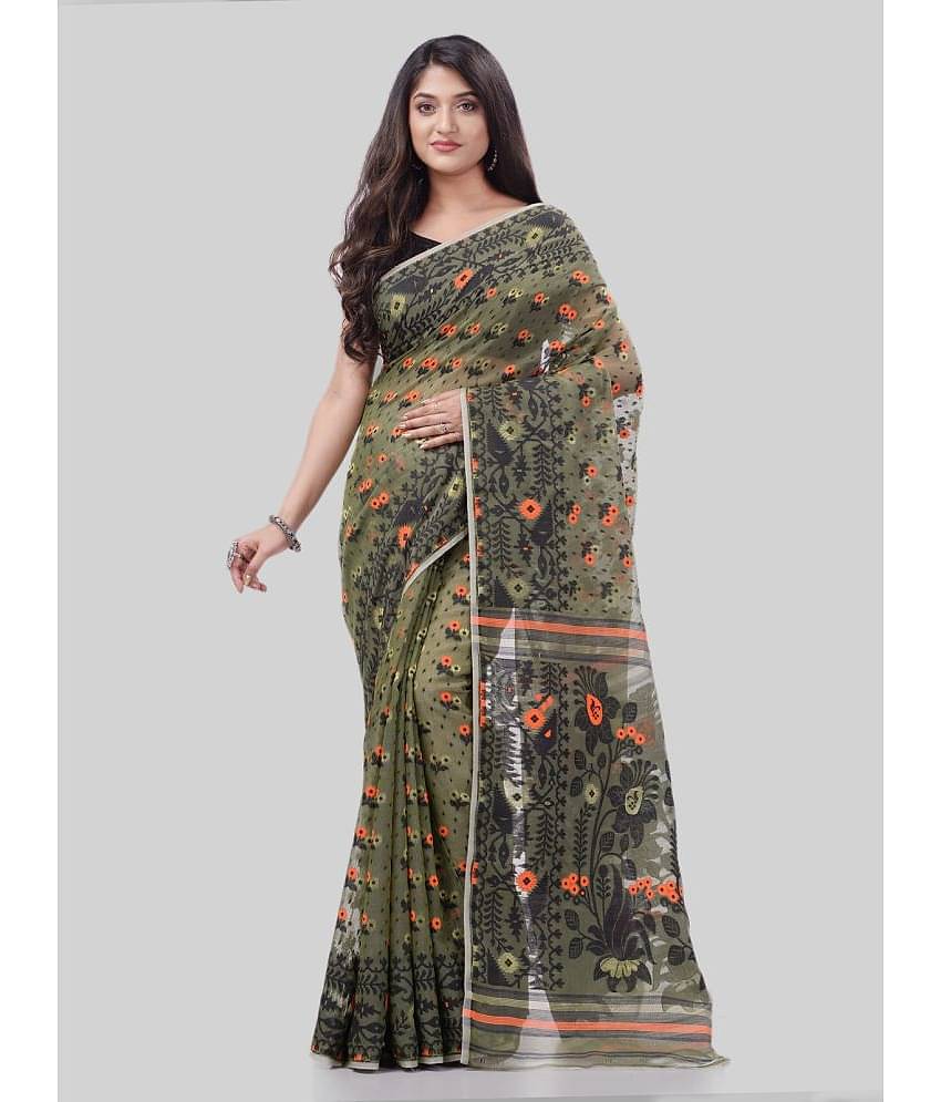 Desh Bidesh Cotton Woven Saree Without Blouse Piece ( Green )