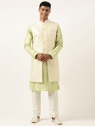 Cream Green  Embroiderd Layered Long Jacket-S/38