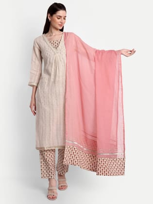 Ethnic Motifs Print Pure Cotton Kurta With Pant & Dupatta-XS