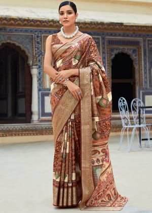 Coffee Brown Woven Banarasi Printed Soft Silk Saree