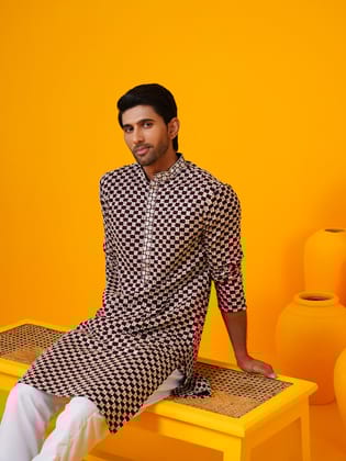 Men's Cotton Rayon Sequinned Cheeku thread embroidered Wine Long Kurta-36