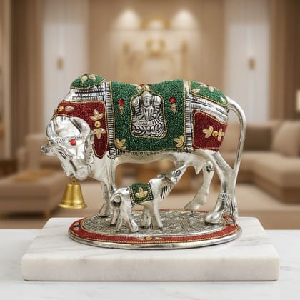 Aluminium Cow & Calf Statue Set | Religious Gift Showpiece, Height : 7.5 Inch (ASMAS531 G)