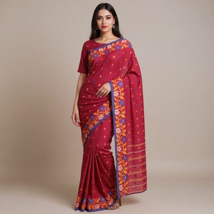 Bengal Handloom Cotton Tangail Crimson Red Saree
