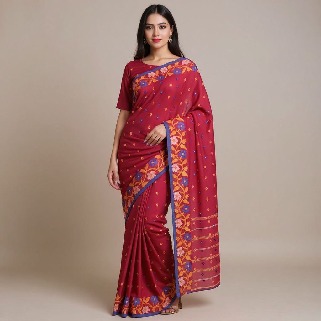 Bengal Handloom Cotton Tangail Crimson Red Saree