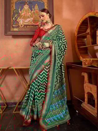 Dark Green Soft Silk Chevron Pattern With Foil Printed Patola Saree
