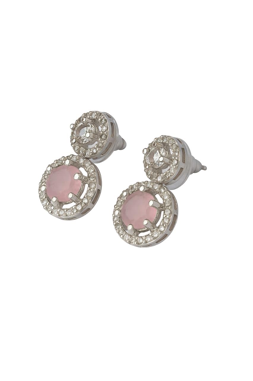 Elegant Crystal Drop Earrings, Pink and Silver, Rhinestone Halo Design, Dangle Style