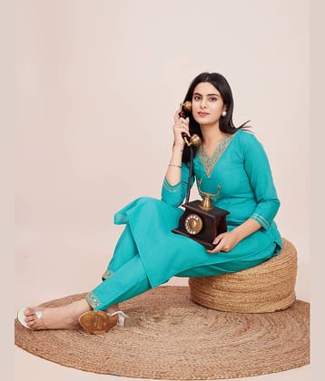 Women Basket Cotton Blend Printed Kurti With Pants Women's Stitched Salwar Suit - Light Blue ( Pack of 1 )