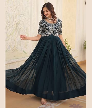Estela Teal Flared Georgette Women's Stitched Ethnic Gown ( Pack of 1 )