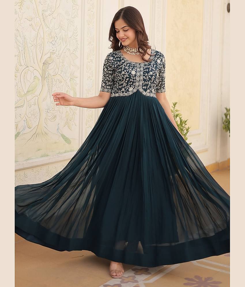 Estela Teal Flared Georgette Women's Stitched Ethnic Gown ( Pack of 1 )